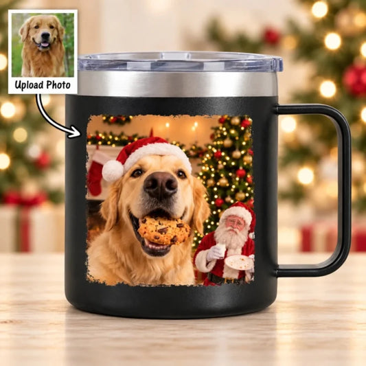 Dog Cat Steal Cookie From Santa Upload Pet Photo - Personalized Stainless Steel Tumbler With Handle 