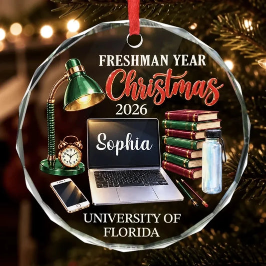 Custom Name Freshman Year Christmas Gifts for College Students - Personalized Glass Ornament