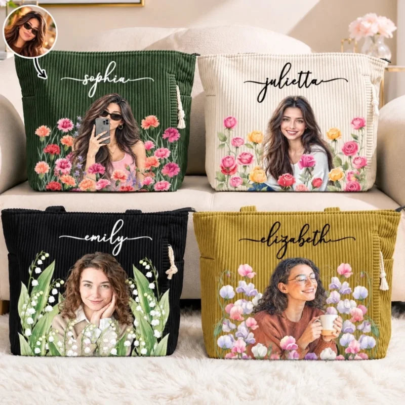 Personalized Birth Month Flowers Photo Corduroy Tote Bag