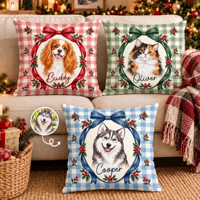 Personalized Plaid Bow Pet Photo Christmas Memorial Pillow