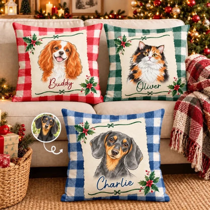 Personalized Plaid Pet Portrait Photo Christmas Pillow