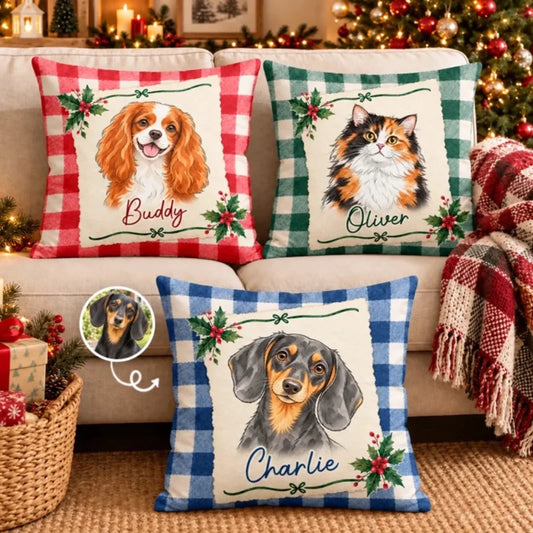 Personalized Plaid Pet Portrait Photo Christmas Pillow