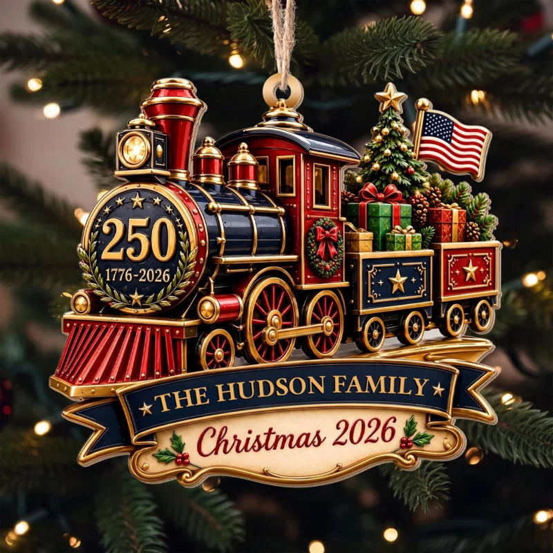 Our Family Christmas Patriotic Steam Train With Tree And Flag - Personalized Custom Wood Ornament, C