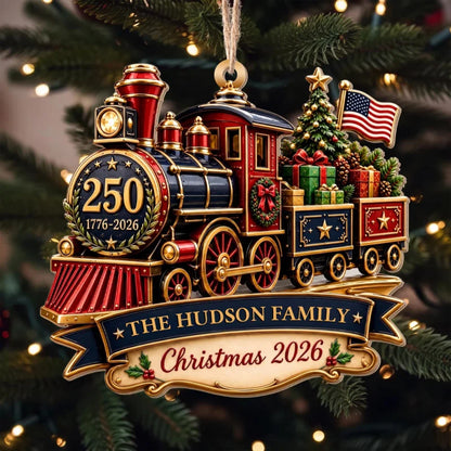 Our Family Christmas Patriotic Steam Train With Tree And Flag - Personalized Custom Wood Ornament, C