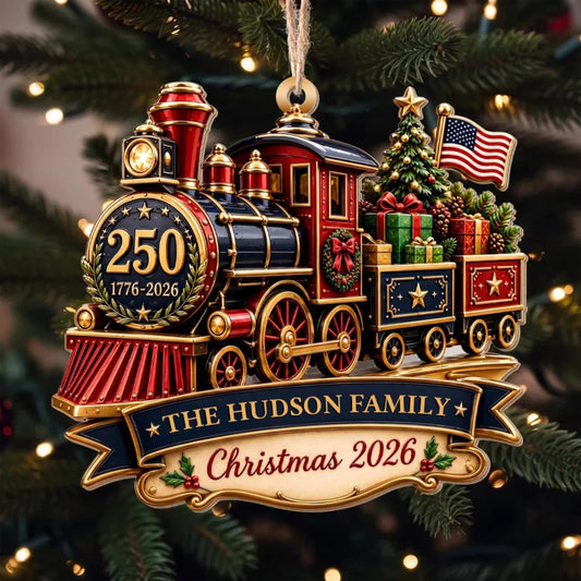 Our Family Christmas Patriotic Steam Train With Tree And Flag - Personalized Custom Wood Ornament, C