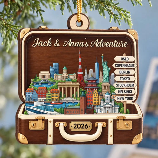 Personalized Travel Adventure Suitcase 2D Flat Wooden Ornament
