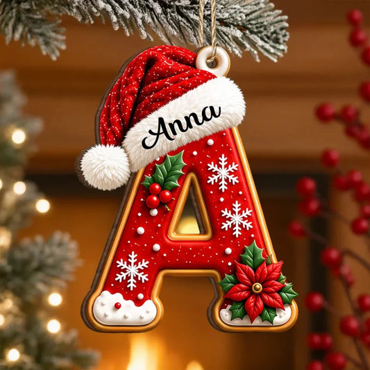 Personalized Santa Hat Monogram Letter Wooden Tree Ornament
