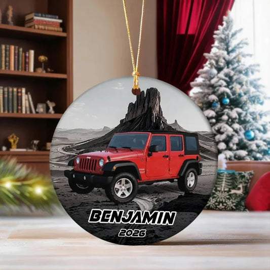 Personalized Red Off-Road Car Desert Road Ceramic Ornament