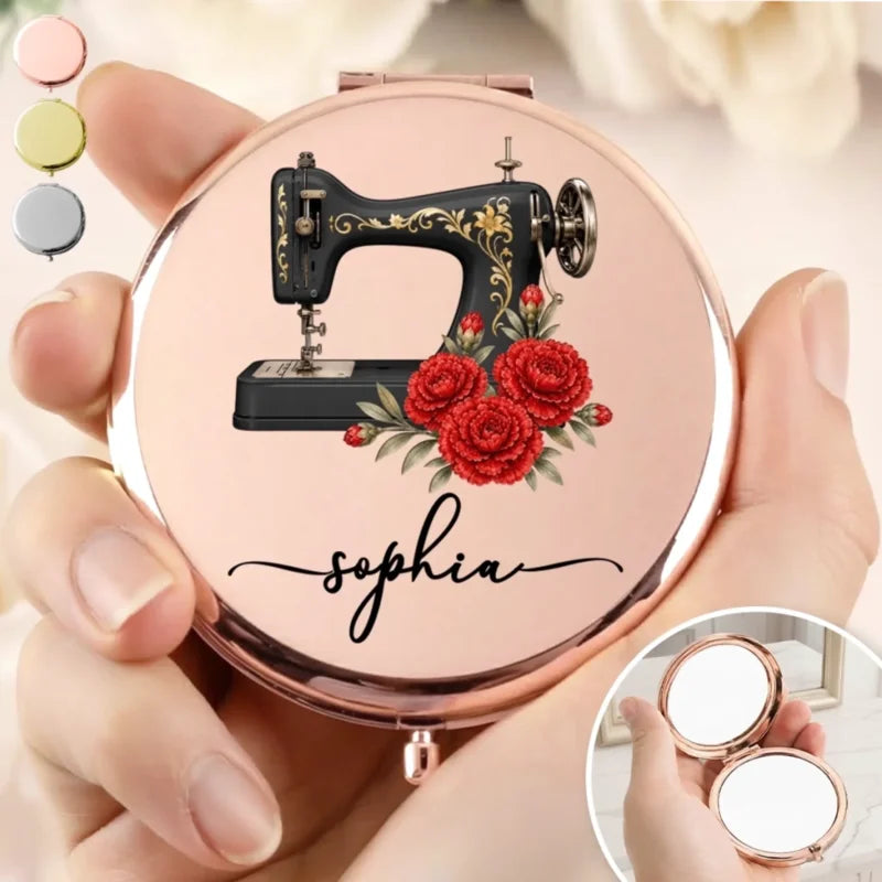 Personalized Sewing Machine Floral Name Pocket Compact Mirror