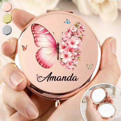 Personalized Butterfly Floral Name Monogram Compact Mirror