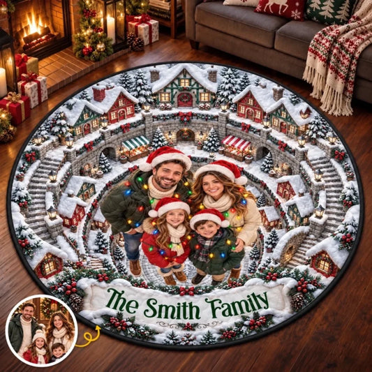 Custom Photo Christmas Village Family Decor - Personalized Quilted Round Mat