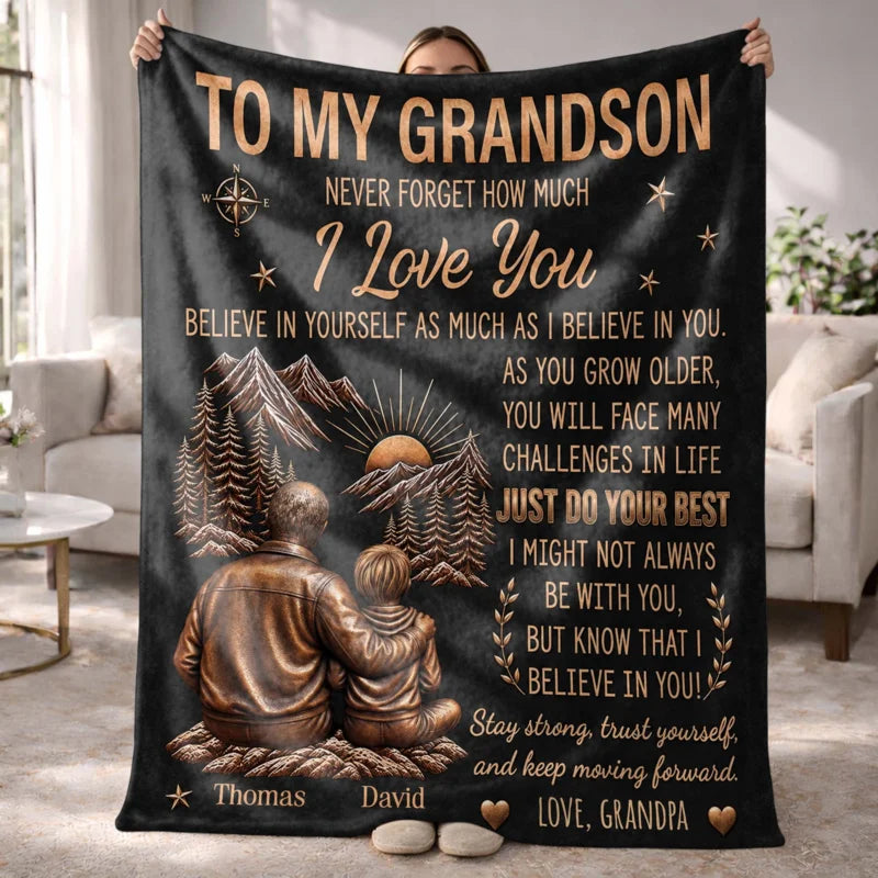 To My Grandson Never Forget Grandpa Love Mountain Compass - Personalized Custom Blanket - GSN169_BLK