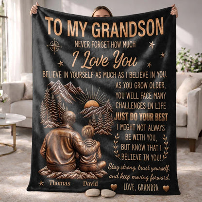 To My Grandson Never Forget Grandpa Love Mountain Compass - Personalized Custom Blanket - GSN169_BLK