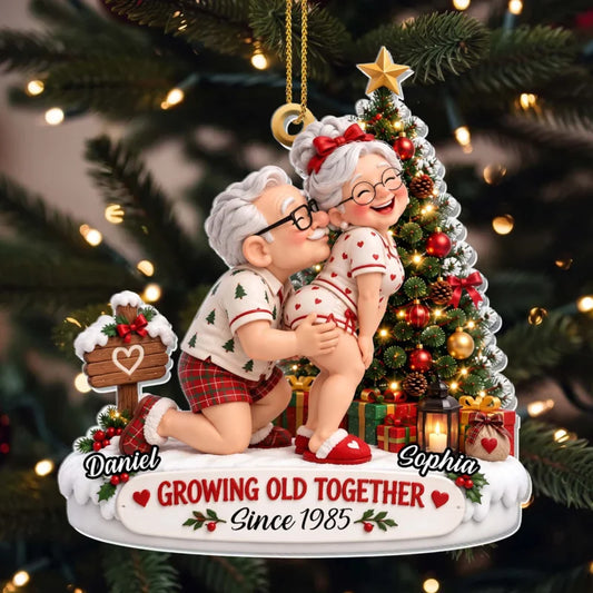 Growing Old Together Elderly Couple With Christmas Tree - Personalized Custom Acrylic Ornament, Chri