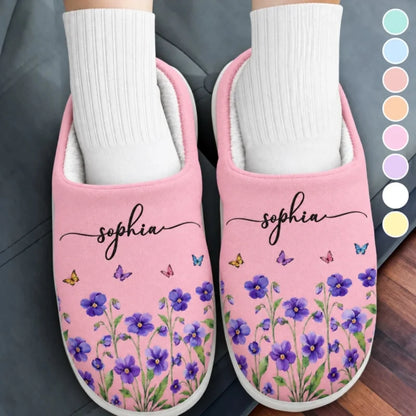 Personalized Birth Month Flowers Embroidered Fluffy Slippers