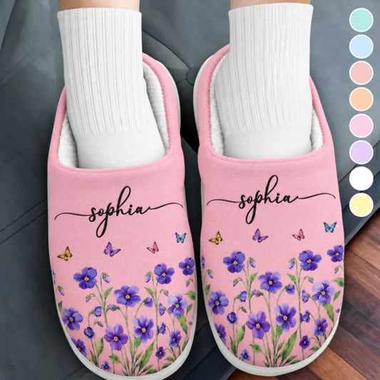 Personalized Birth Month Flowers Embroidered Fluffy Slippers