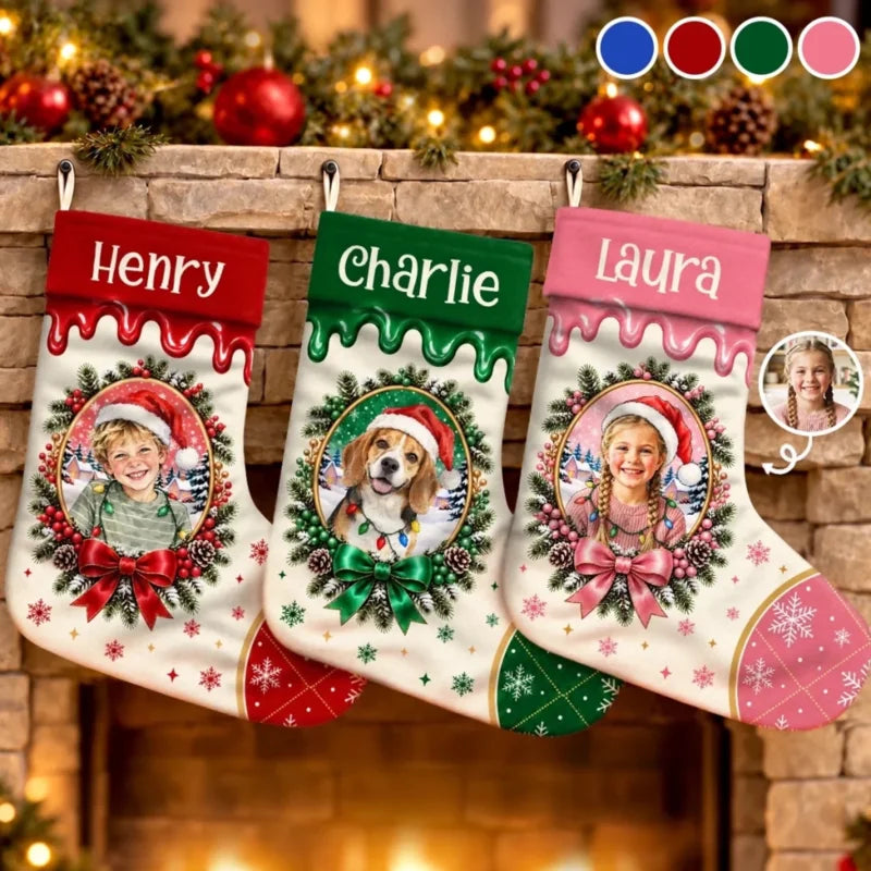 Personalized Pinecone Watercolor Family & Pet Photo Stocking