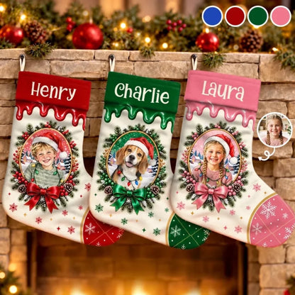 Personalized Pinecone Watercolor Family & Pet Photo Stocking