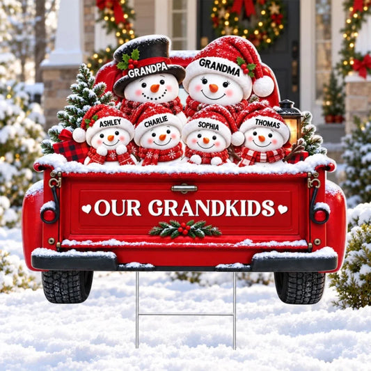 Personalized Snowman Truck Grandkids Names Holiday Yard Sign