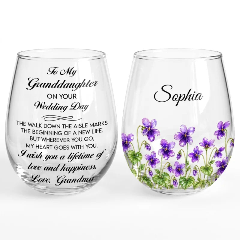 Personalized Wedding Day Granddaughter Flowers Stemless Wine Glass