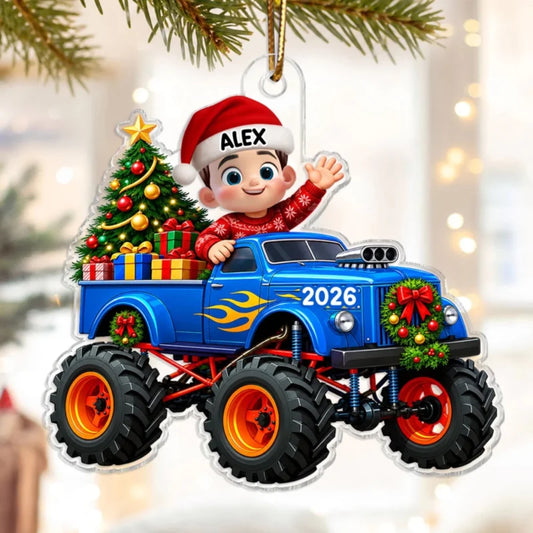 Little Kid With Monster Truck - Personalized Acrylic Ornament - Christmas Gift For Kids, Grandkids, 