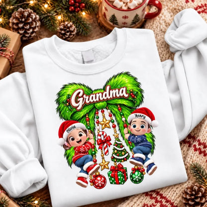 Cute Grandkids Green Bow Charm - Personalized Shirt - Trendy Christmas Tee for Grandma, Christmas Gi