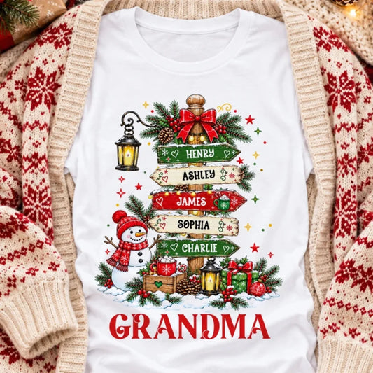 Heartwarming Christmas Signposts Custom Grandma Grandkids Names - Personalized Shirt - Christmas Gif