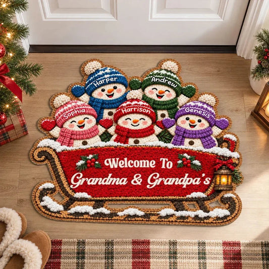 Personalized Shaped Doormat with Snowman Family on a Sleigh, Christmas Decor, Unique Gift for Grandp