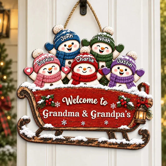 Personalized Wooden Sign with Cheerful Snowmen on a Sleigh, Unique Christmas Gift for Grandma & Gran