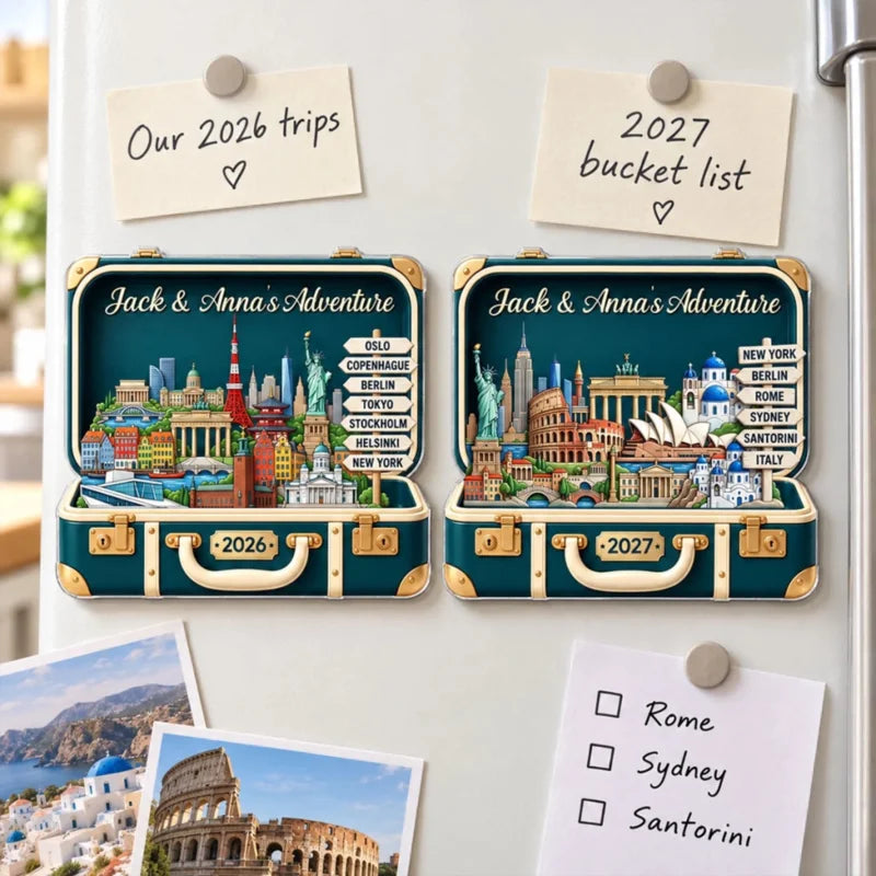 Custom Travel Adventure Suitcase 2D Flat Printed - Personalized Acrylic Fridge Magnet - Traveling De