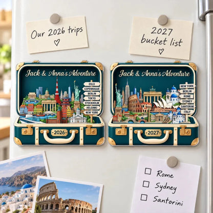 Custom Travel Adventure Suitcase 2D Flat Printed - Personalized Acrylic Fridge Magnet - Traveling De