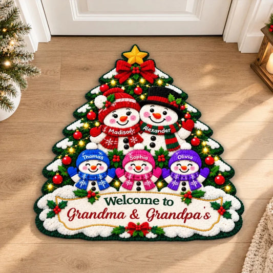 Snowman Grandparents & Grandkids Under Christmas Tree - Personalized Door Mat - Christmas Decor For 