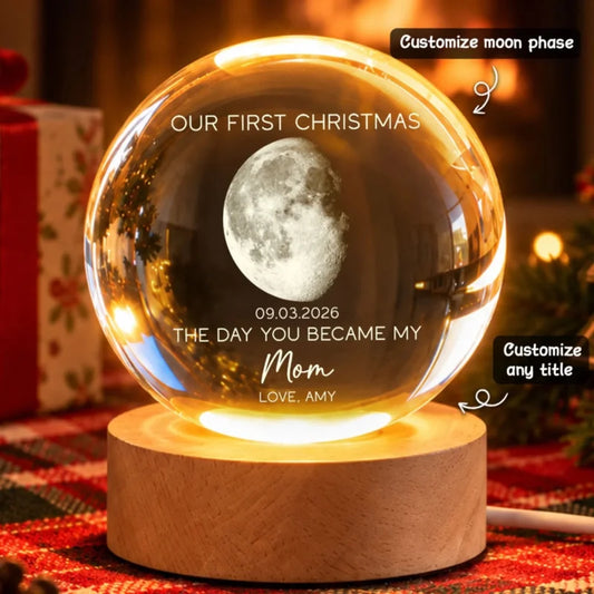 The Day You Became My Mom Dad Custom Moon Phase First Christmas - Personalized Crystal Ball LED Nigh