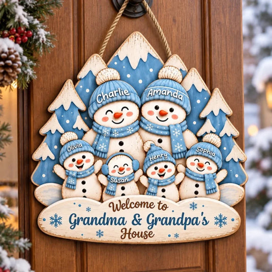 Blue Winter Forest Snowman Grandparents & Grandkids 2D Flat Printed - Personalized Wood Sign - Chris