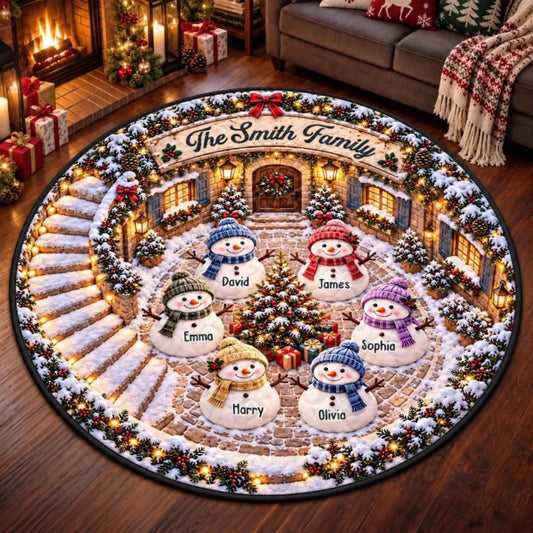 Custom Name Christmas Snowman Family Decor - Personalized Quilted Round Mat