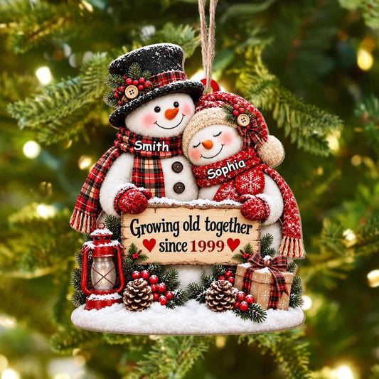 Growing Old Together Personalized Snowman Couple Wooden Ornament - Christmas Keepsake for Husband Wi
