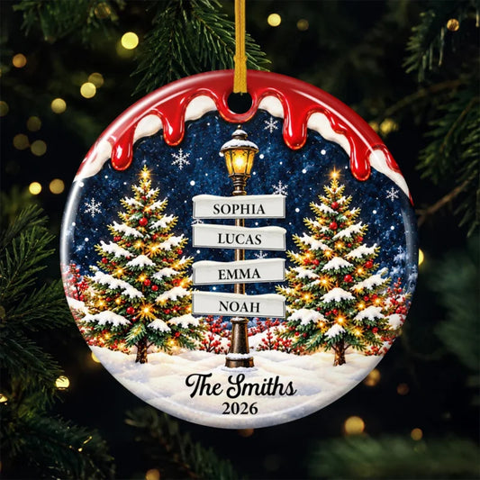 Family Name Signpost Personalized Ceramic Ornament- Custom Christmas Holiday Decor
