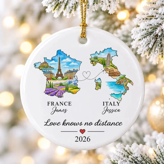Love Knows No Distance State Map - Personalized Ceramic Ornament - Christmas Gift For Long Distance 