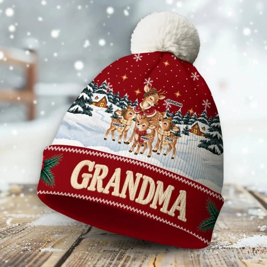 Custom Grandma Christmas Winter Hat • Reindeer Winter Love - Personalized Bobble Beanie Hat