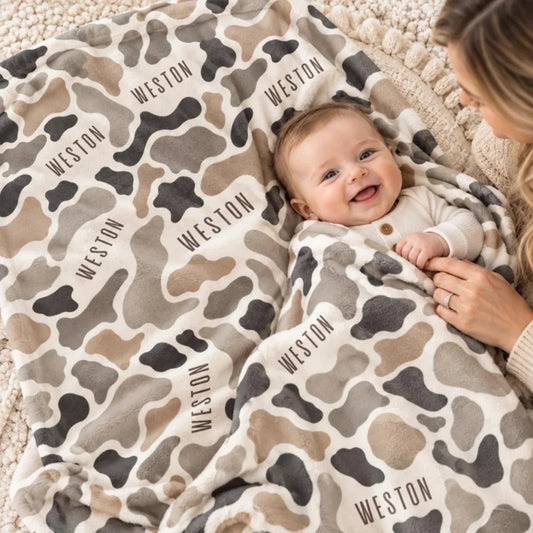 Wildlife Camo Print Custom Baby Name - Personalized Fleece Blanket - Nursery Hunting Theme For Baby 