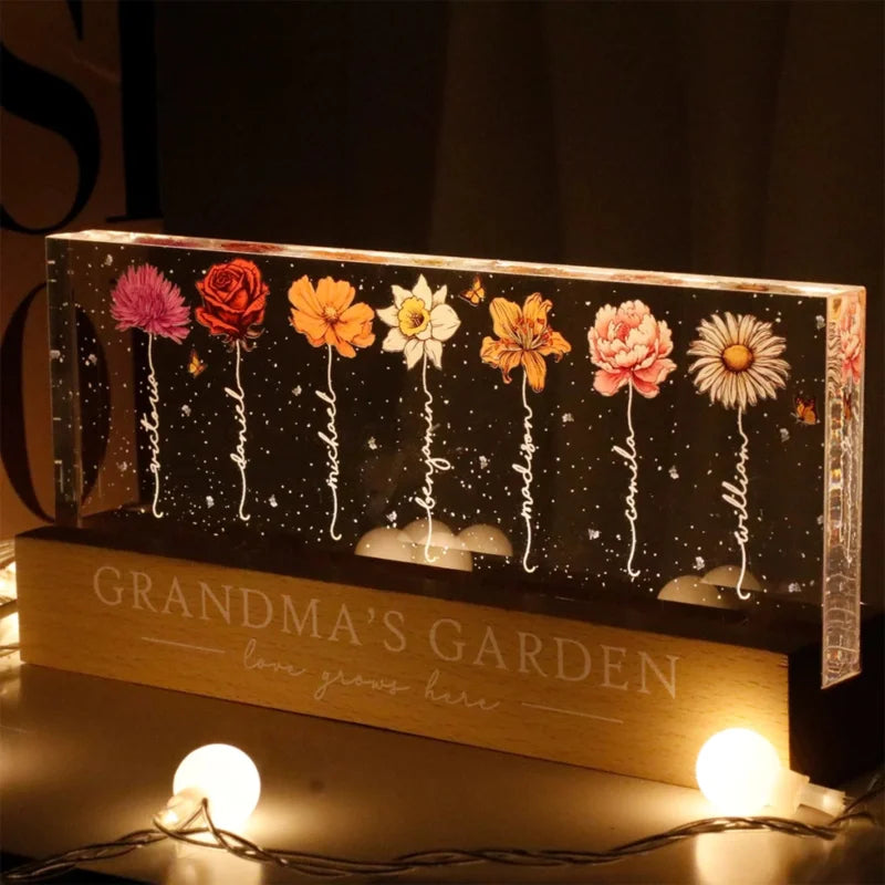 Grandma‘s Garden Birth Month Flowers - Personalized Acrylic Block Plaque LED Night Light - Heartfelt