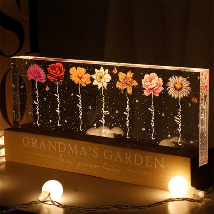 Grandma‘s Garden Birth Month Flowers - Personalized Acrylic Block Plaque LED Night Light - Heartfelt