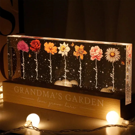 Grandma‘s Garden Birth Month Flowers - Personalized Acrylic Block Plaque LED Night Light - Heartfelt