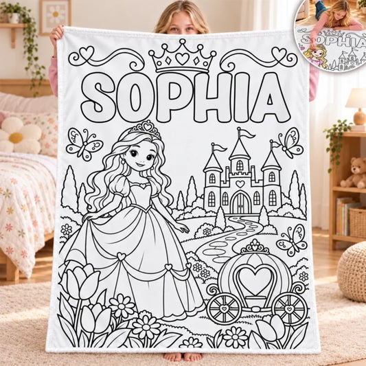 Custom Name Princess Coloring Gifts for Girls - Personalized Doodle Blanket