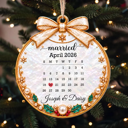 Married Custom Calendar Ornament With Ribbon And Pearls - Personalized Custom Wood Ornament, Custom 
