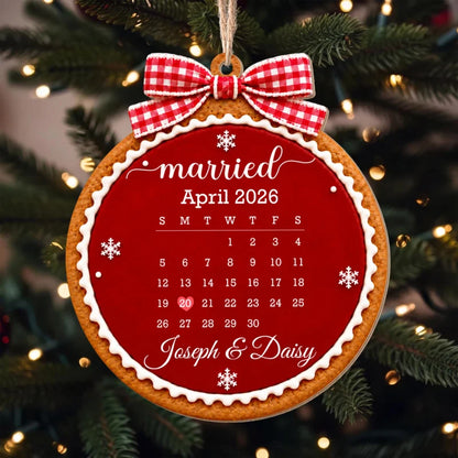 Married Custom Calendar Gingerbread With Red Bow And Snowflakes - Personalized Custom Wood Ornament,