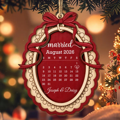 Married Custom Calendar With Bow and Heart Ribbon Frame - Personalized Double Layer Wood Ornament - 