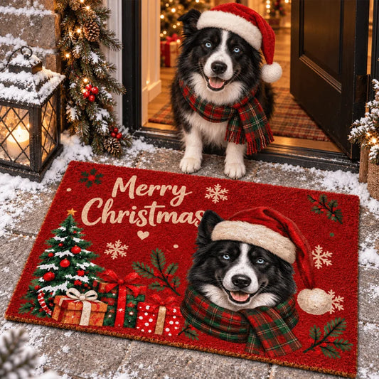 Personalized Christmas Doormat with Custom Pet Photo, Festive Santa Hat & Scarf Design, Unique Holid