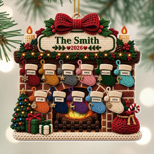 The Family Fireplace With Christmas Stockings And Tree - Personalized Custom Acrylic Ornament, Chris