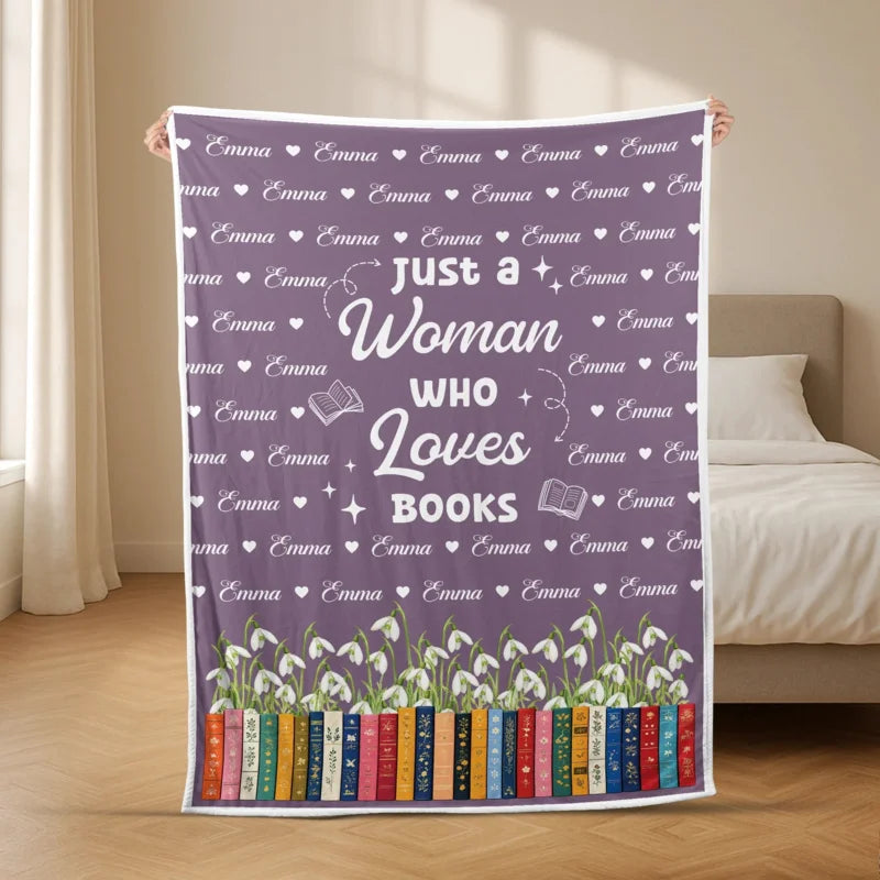 Just A Girl Who Loves Books Personalized Blanket - Custom Name Birth Month Flower Gift for Book Love